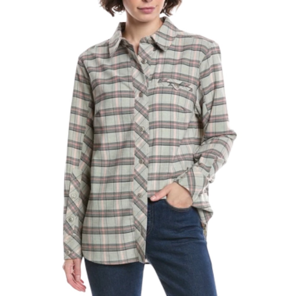 CAbi Women’s Shacket Size L White Black Pink Plaid Relaxed Fit Shirt Stretch